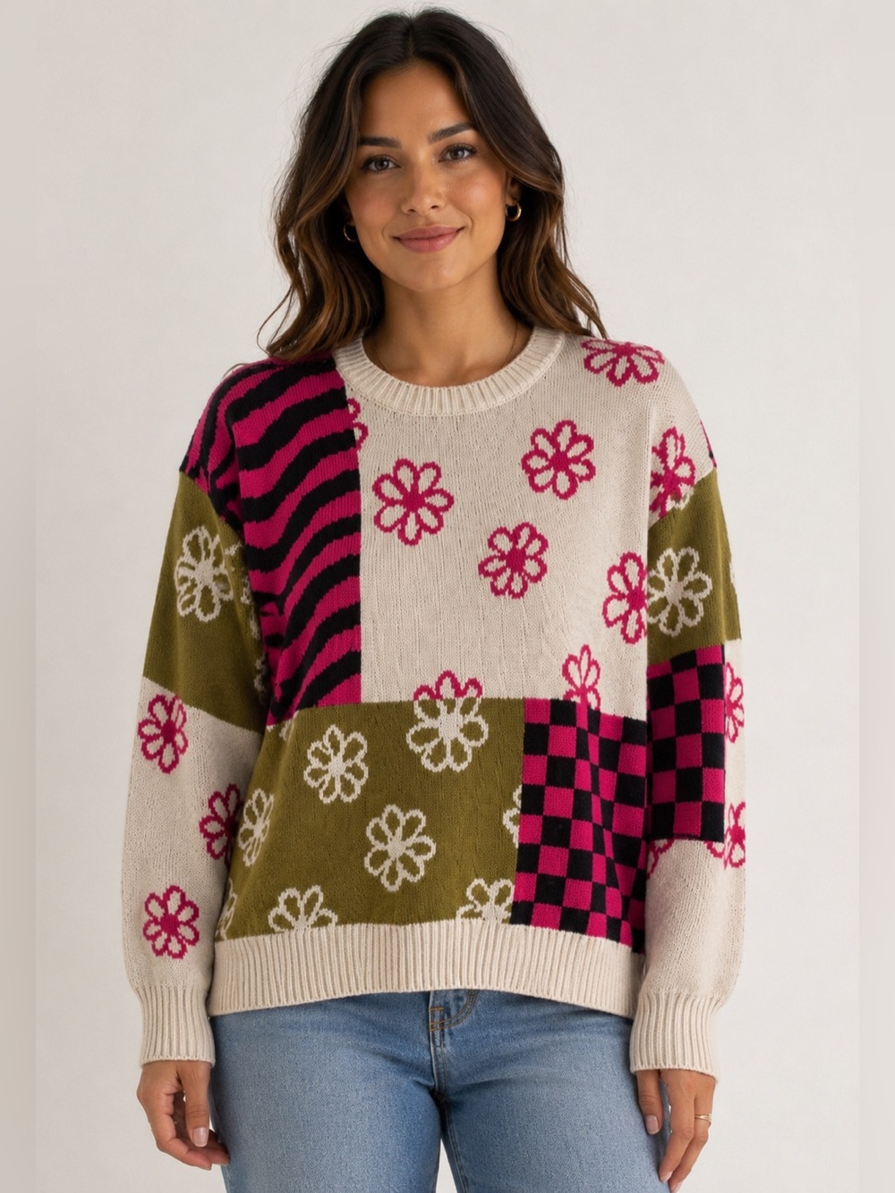 L.A. Hearts Patchwork‎ Knit Sweater XS Multicolor Floral & stripes 100% cotton